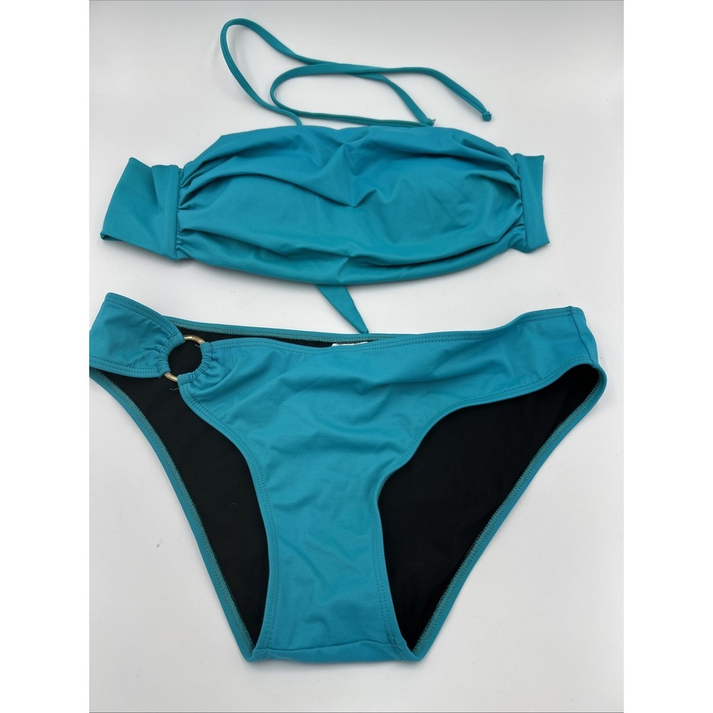 Modern Pleated 2 pc Bikini Swimsuit Womens Teal Blue  Molded Cups L Top 2XL Bott